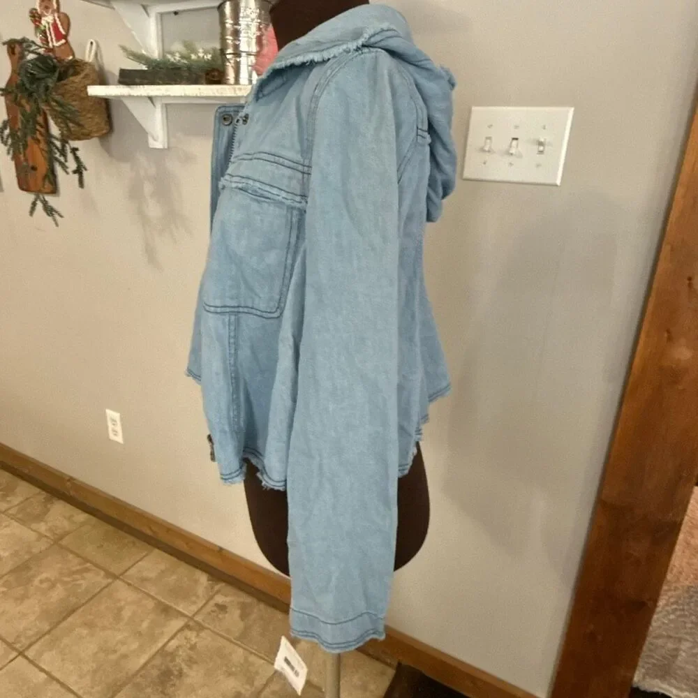 NWT Free People raw hem denim swing jacket womens size XS blue hooded hemp cotto - Picture 6 of 12